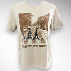 THE BEATLES Beige & Tan Sleeve Abbey Road Graphic Tee W/ Rhinestones Small | EUC